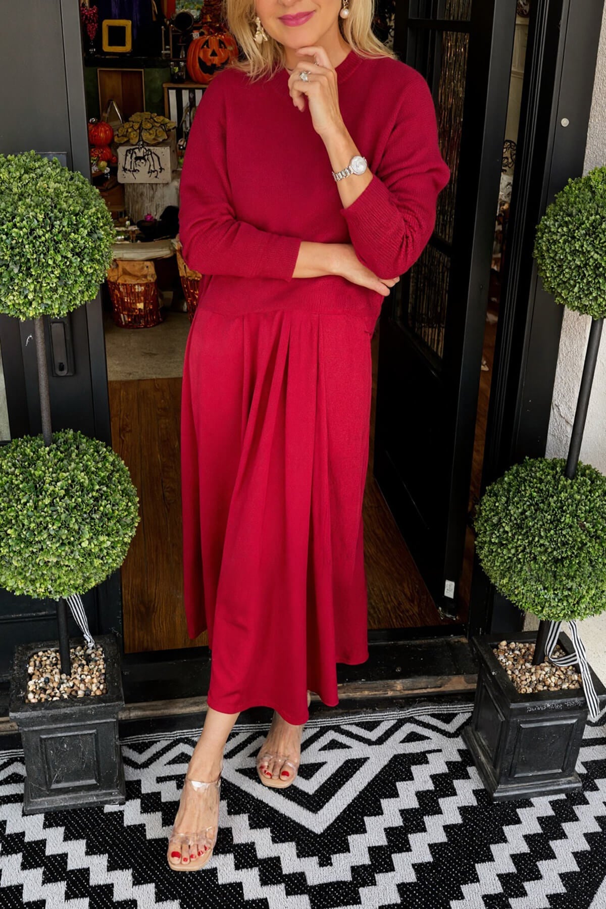 Fashion Knit Ruched Sweater and Satin Stretch Tank Midi Dress Two-piece Set