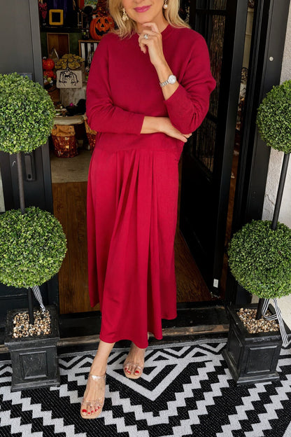 Fashion Knit Ruched Sweater and Satin Stretch Tank Midi Dress Two-piece Set