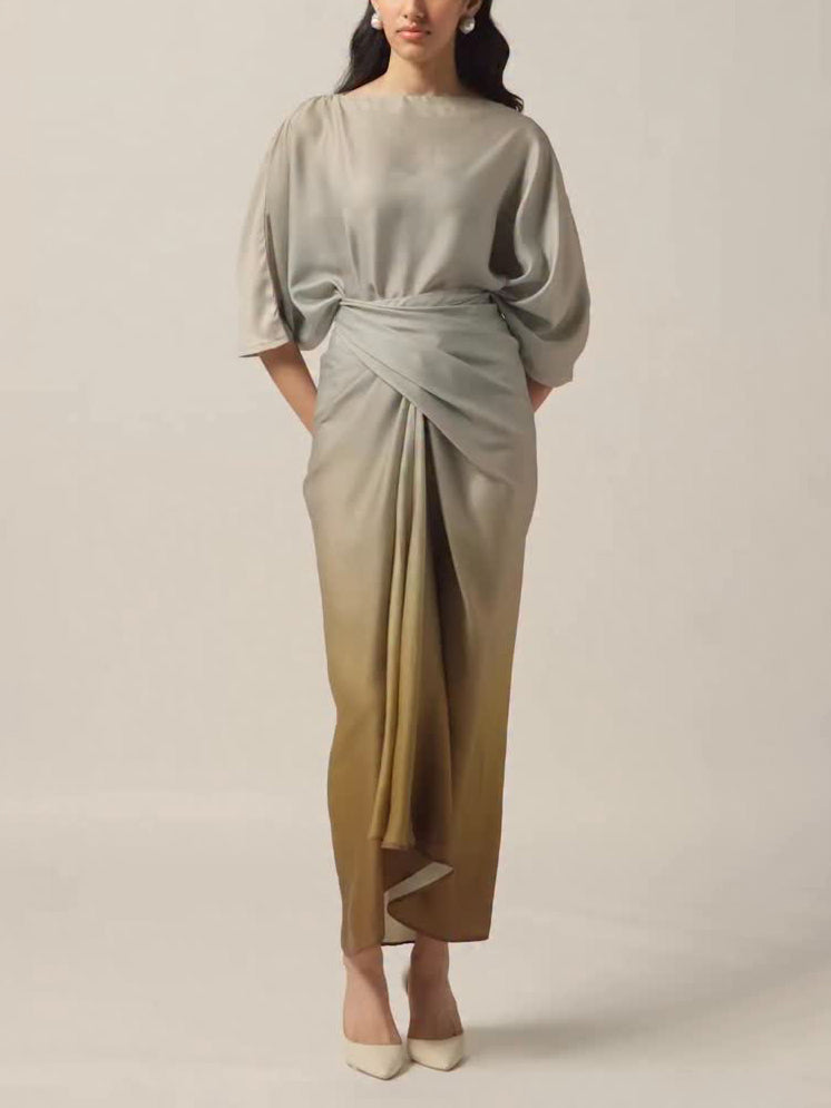 Elegant Gradient Draped Top And Pleated Long Skirt Two-piece Set