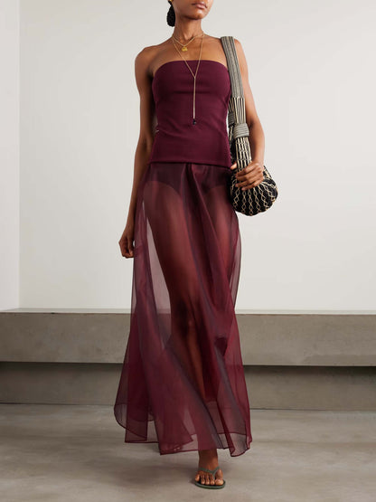 Elegant Strapless Fitted Top And Sheer Maxi Skirt Two-Piece Set