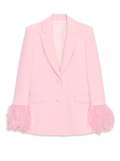 Elegant Pink Feather-Trim Long-Sleeve Blazer
