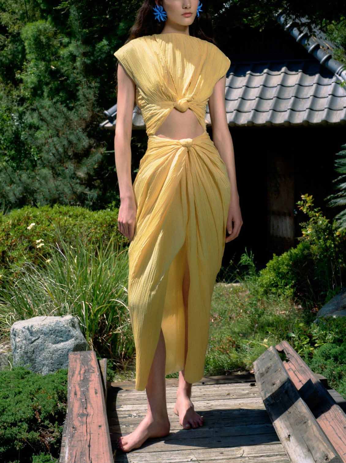 Elegant Pleated Cutout Slit Maxi Dress