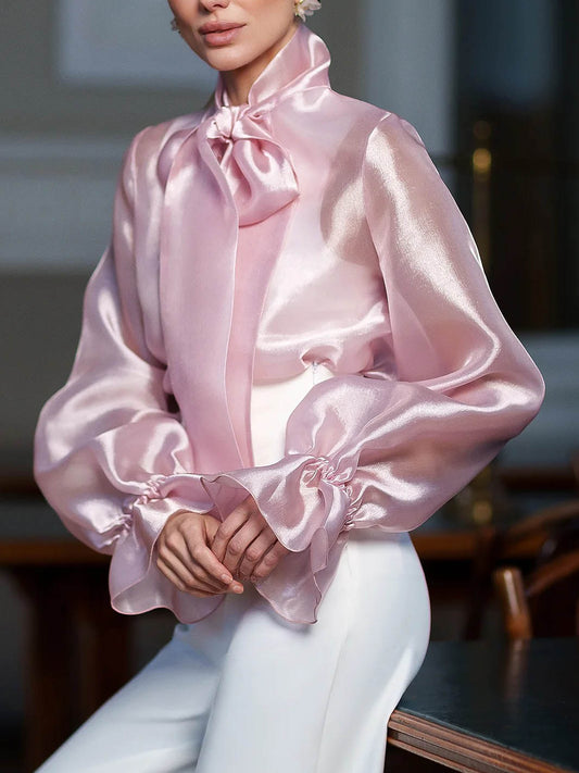 Elegant Retro Lace-up Slightly Transparent Long-sleeved Shirt