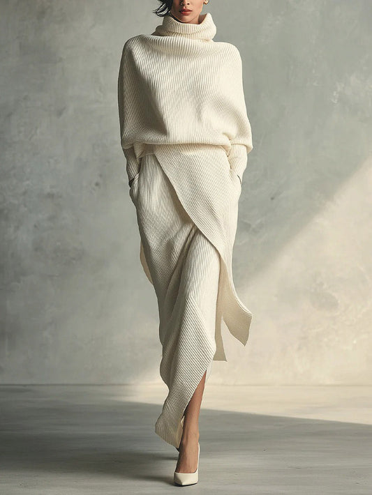 Casual Turtleneck Sweater And Asymmetrical Skirt Set
