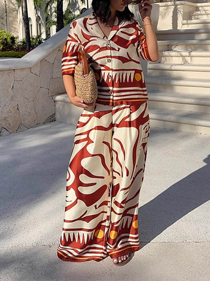 Unique Printed Lapel Satin Loose Shirt