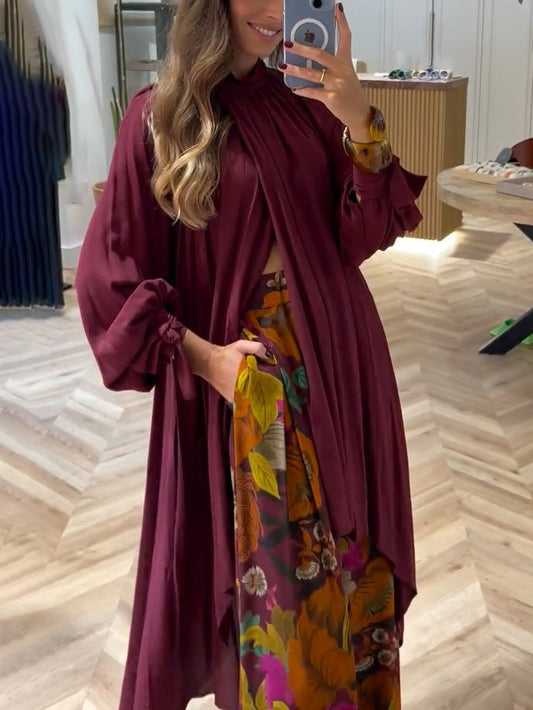 Elegant High-Neck Pleated Asymmetrical Long Blouse