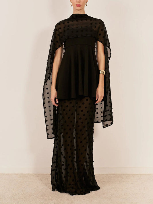 Elegant Polka-Dot Mesh Cape Two-Piece Maxi Dress