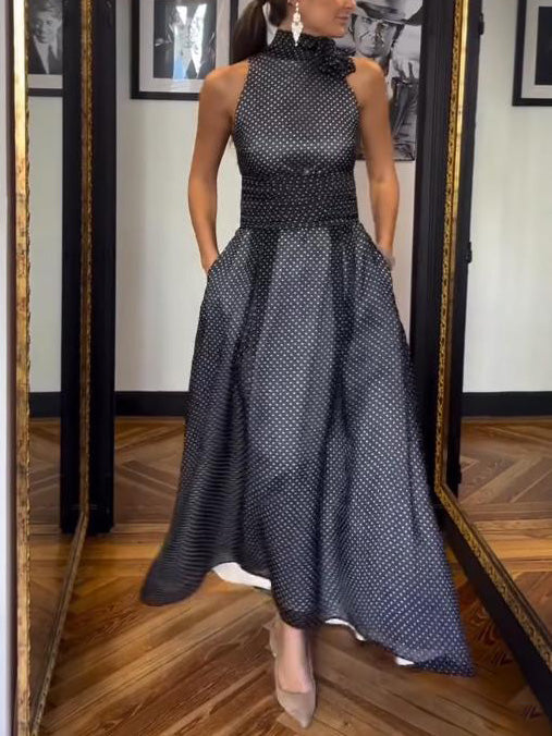 Elegant Halterneck Polka Dot Print Maxi Dress