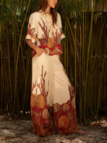 Exquisite Printed Collared Three-Quarter Sleeve Kimono Top