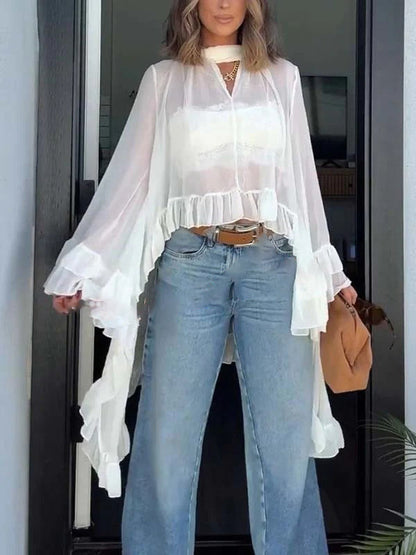 Exquisite Irregular Ruffled Chiffon Flowing Shirt