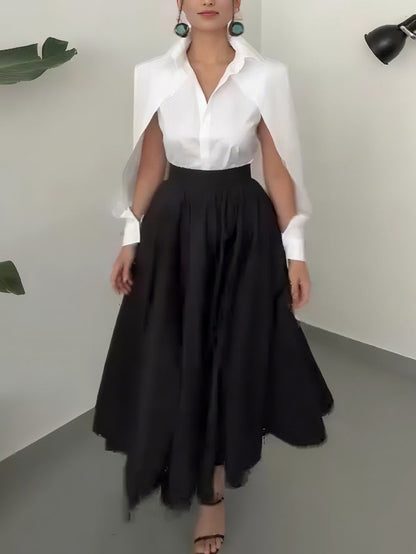 Elegant Cape-Shoulder Shirt And Asymmetrical A-Line Midi Skirt Set