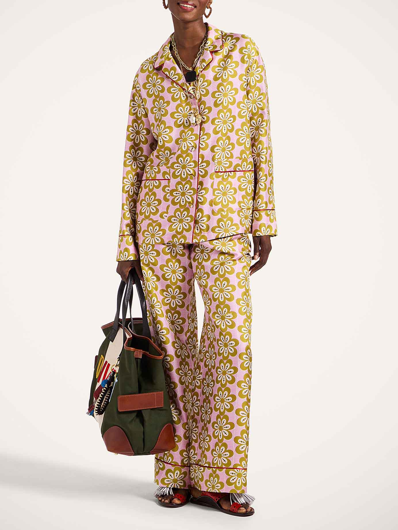 Exquisite Satin Floral Print Long-sleeved Pajama Set