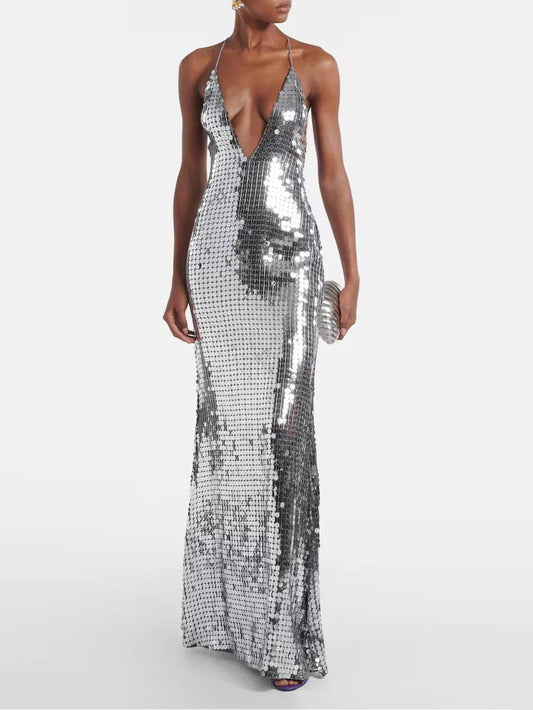 Elegant Sequined V-neck Open-back Maxi Dress