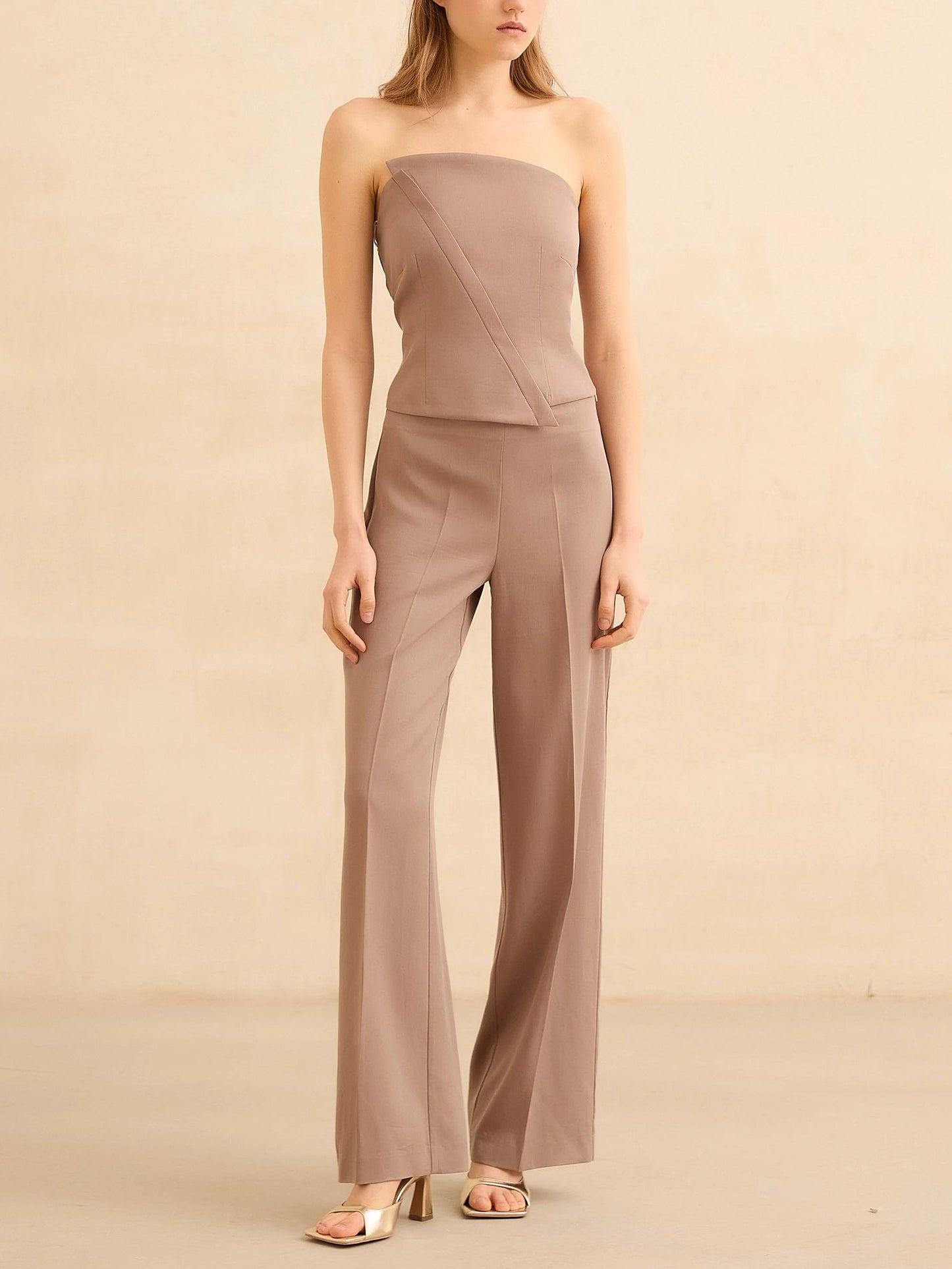Elegant Strapless Top And Wide-Leg Pants Two-Piece Set