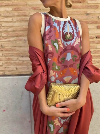 Elegant Printed Round Neck Tank Dress with Cape Two-Piece Set
