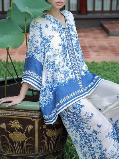 Classic Floral Print Patchwork Collared Loose Shirt