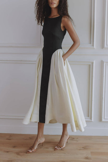 Exquisite Black and White Colorblock Pleated Pocket A-Line Midi Dress