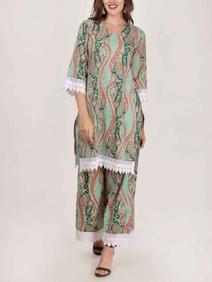 Elegant Paisley Print Lace-trimmed Long Shirt