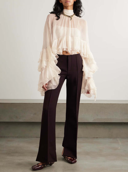 Exquisite Ruffled Chiffon Long-sleeved Short Shirt