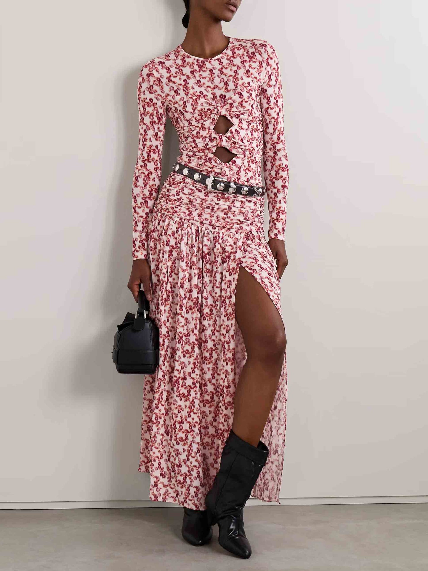 Exquisite Pleated Openwork Floral Print Stretch Knit T-shirt