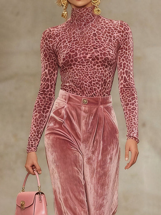 Casual Velvet Leopard Print T-Shirt And Wide-Leg Pants Two-Piece Set