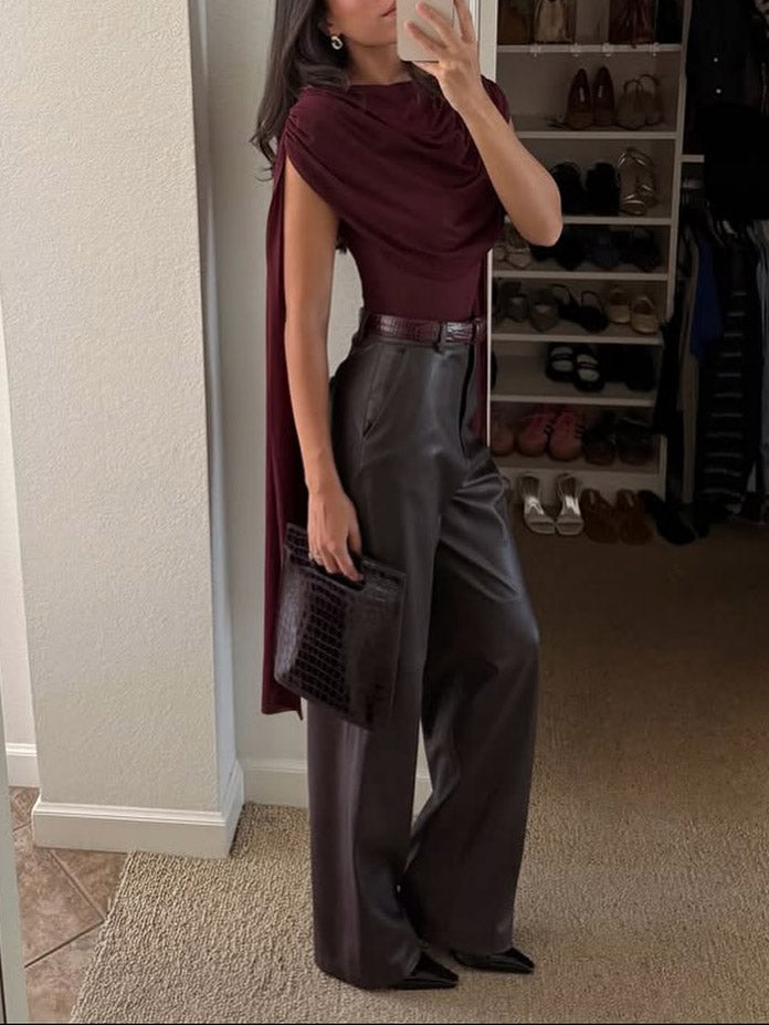 Elegant Draped Top And Wide-leg Faux Leather Pants Two-piece Set