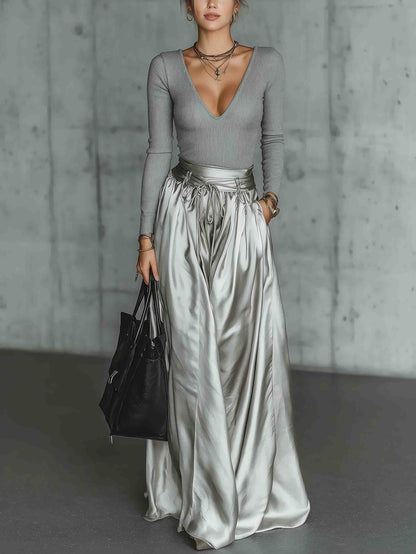 Modern Ribbed Top & Metallic Maxi Skirt Set