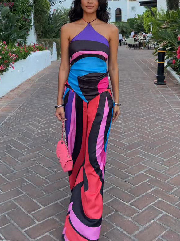 Vibrant Geometric Colorblock Backless Two-piece Suit