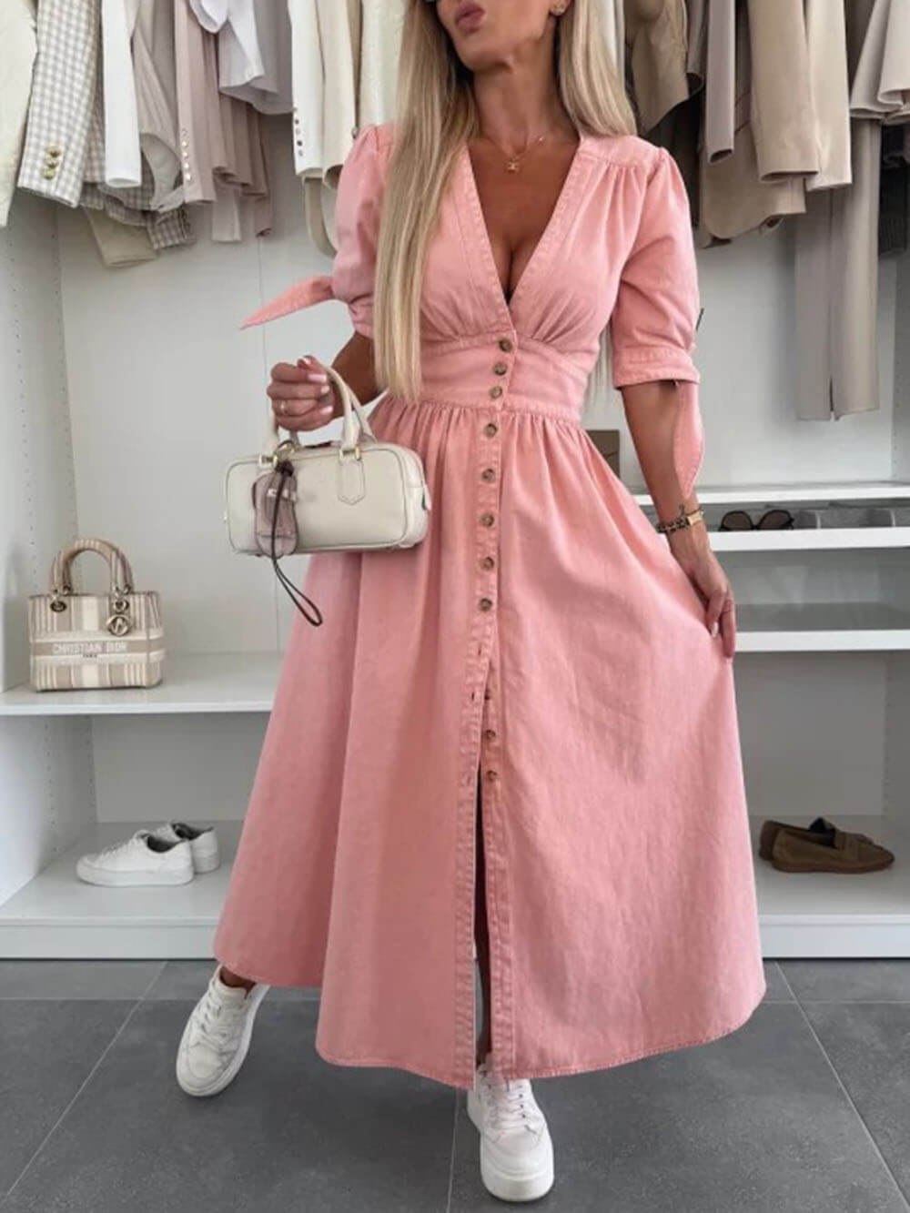 Unique Pleats Solid Color V-Neck Button-Down Denim Midi Dress