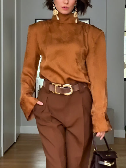 Elegant Satin High-Neck Long-Sleeve Blouse