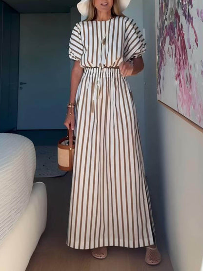 Exquisite Unique Striped Print Drawstring Loose Tops