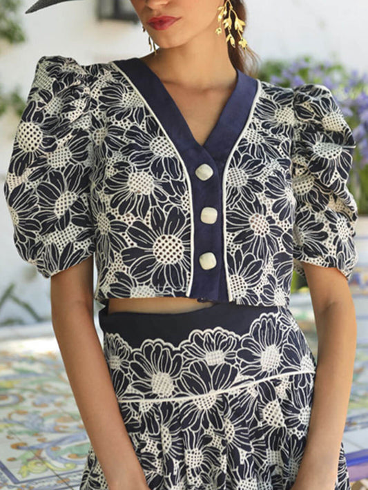 Retro V-Neck Floral Print Puff Sleeve Button-Front Top
