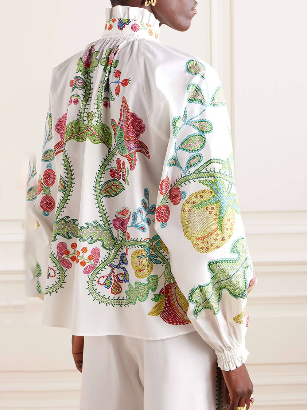 Unique Bow Tie Neck Floral Satin Ruffle Loose Blouse