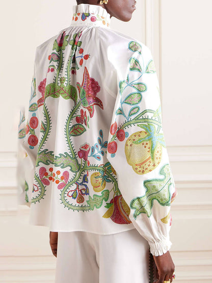 Unique Bow Tie Neck Floral Satin Ruffle Loose Blouse