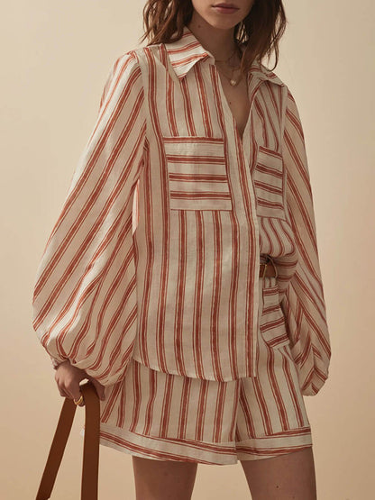 Classic Casual Striped Print Loose Shirt And Shorts Set