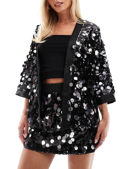 Sequined Black Disco Kimono Jacket and Mini Skirt Set