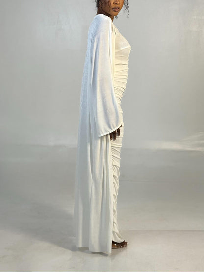 Elegant One-Shoulder Ruched White Maxi Dress with Long-Sleeve Cardigan Set