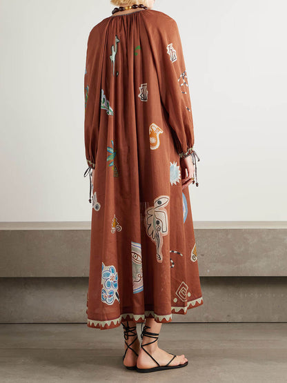 Retro Floral Print Linen-Cotton Blend Midi Dress