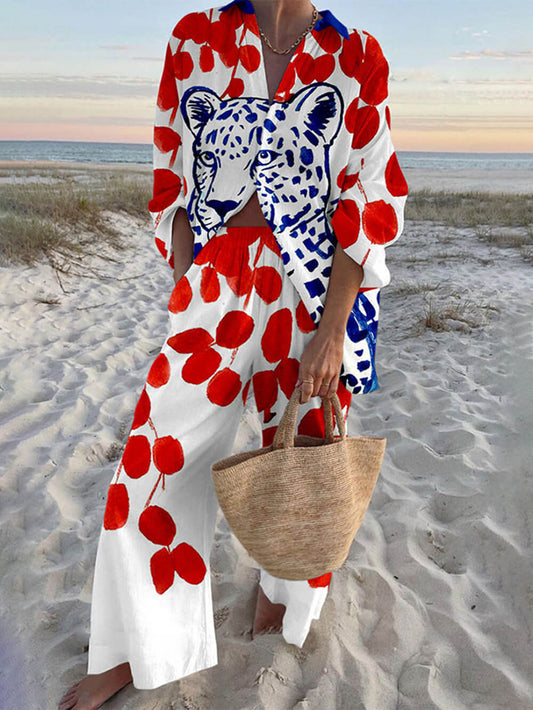Unique Polka Dot Leopard Print Oversized Shirt and Elastic Waist Pocket Pants Set
