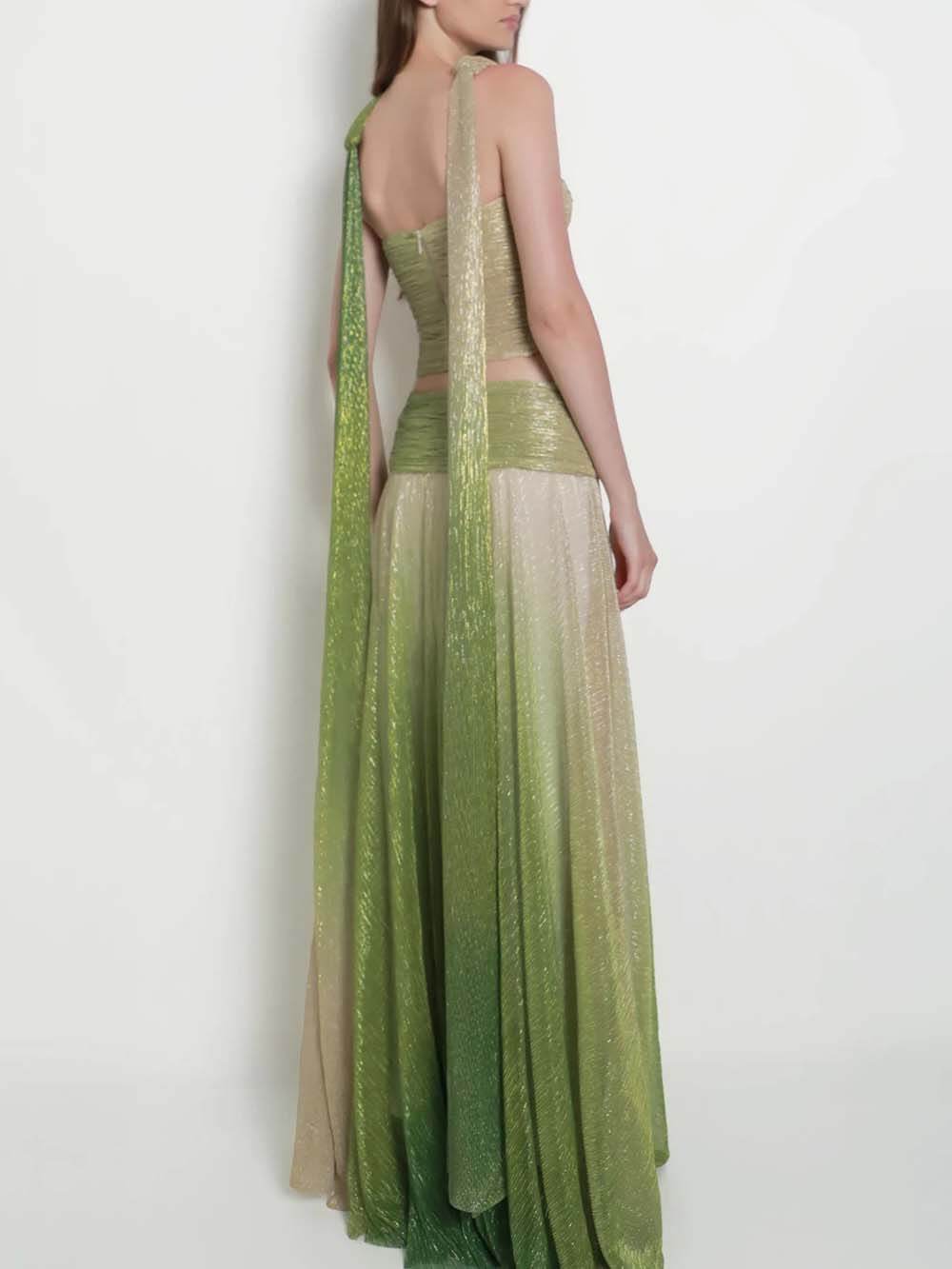 Elegant Ombre Printed One-Shoulder Cutout Top and High-Waisted A-Line Skirt Set