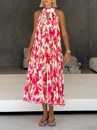 Delicate Floral Print Halter Neck Tie Hollow Pleated Midi Dress