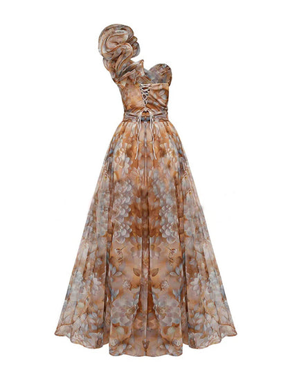 Elegant Romantic Ball Chiffon Floral One-shoulder Pleated Design Back Lace-up Gown Maxi Dress