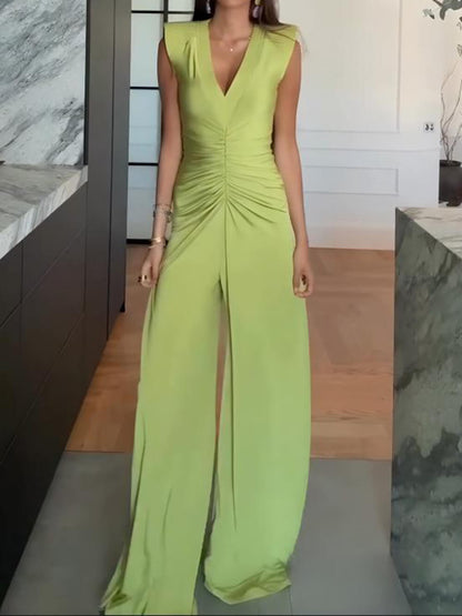 Elegant Ruched Stretch Slim Fit Floor-Length Jumpsuit
