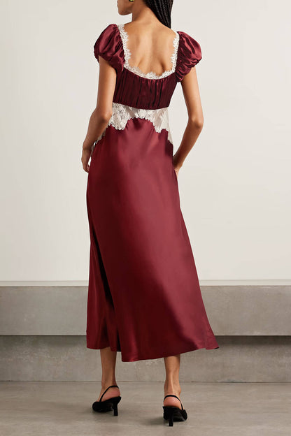 Delicate Bow Detail Lace Panel Satin Midi Dress