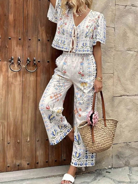 Unique Floral Print Tie-Front Top High-Waist Straight-Leg Pants Set