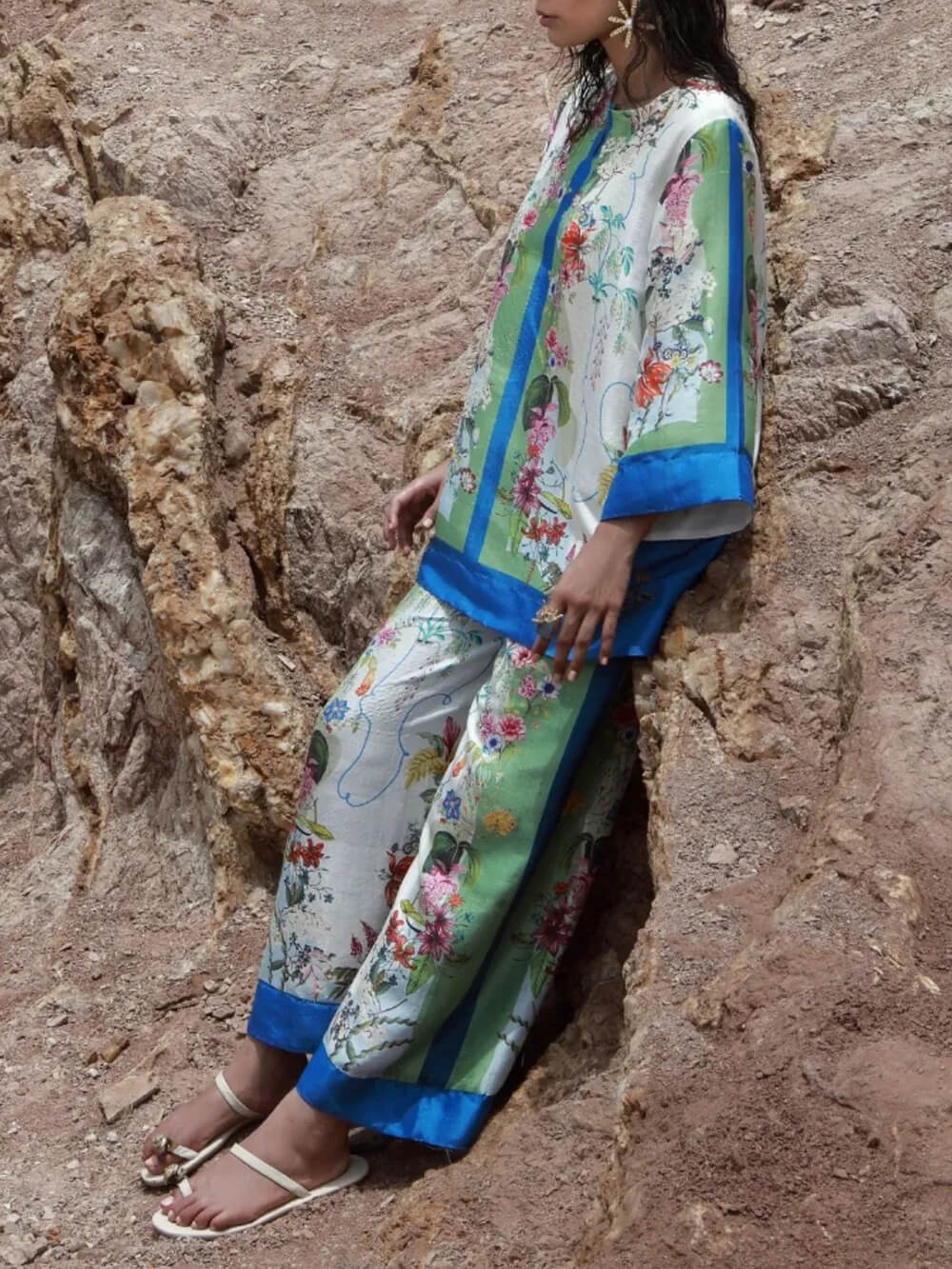 Modern Muse Unique Satin Floral Print Patchwork Oversized Shirt