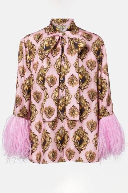 Exquisite Feather-Trimmed Printed Satin Blouse
