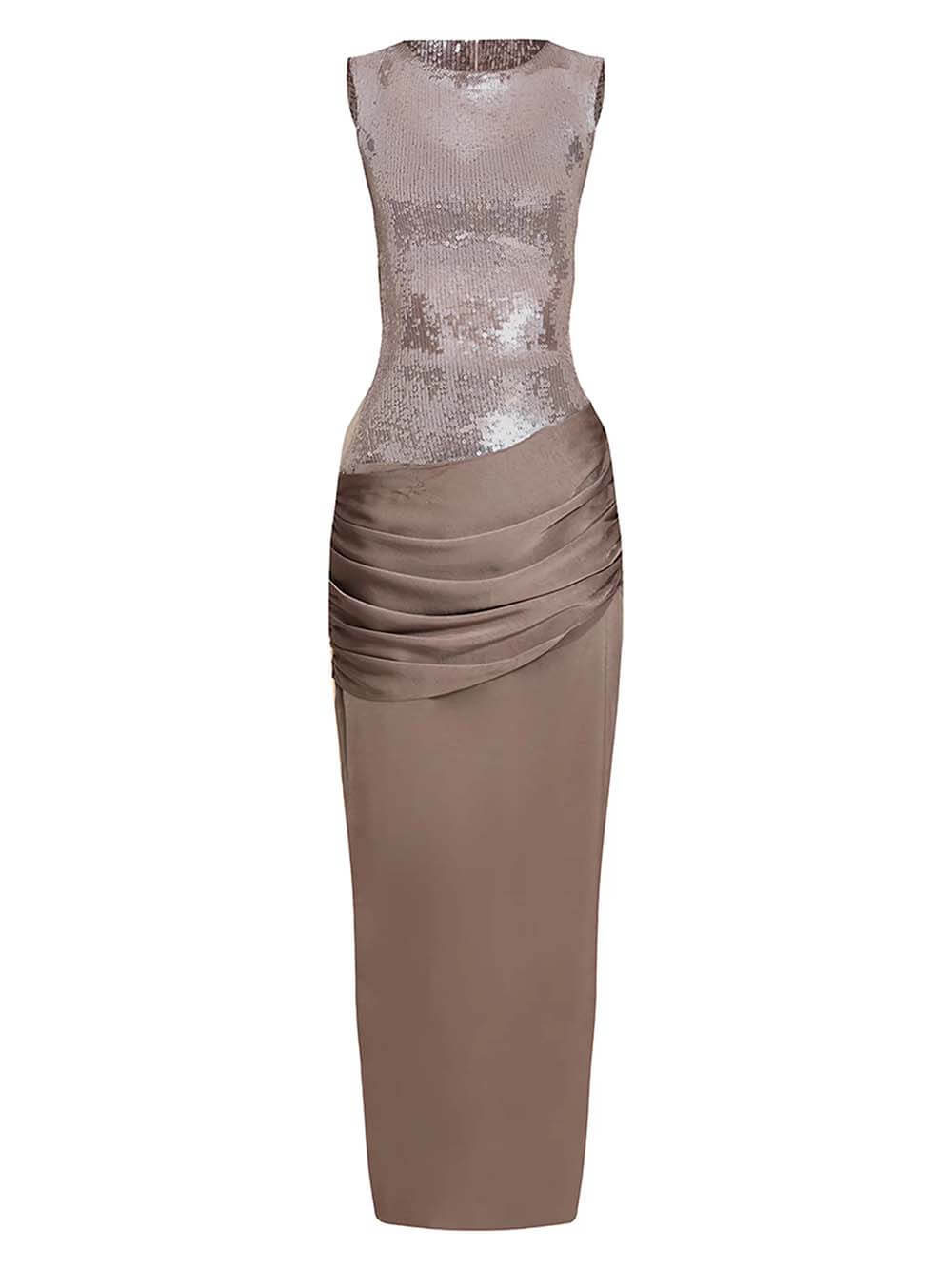 Elegant Sequin Splice Satin Sleeveless Draped Maxi Dress