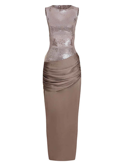 Elegant Sequin Splice Satin Sleeveless Draped Maxi Dress