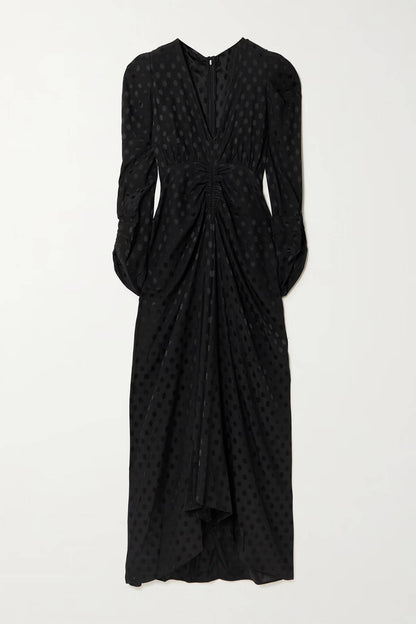 Exquisite Ruched Polka Dot Print Stretch Satin Midi Dress